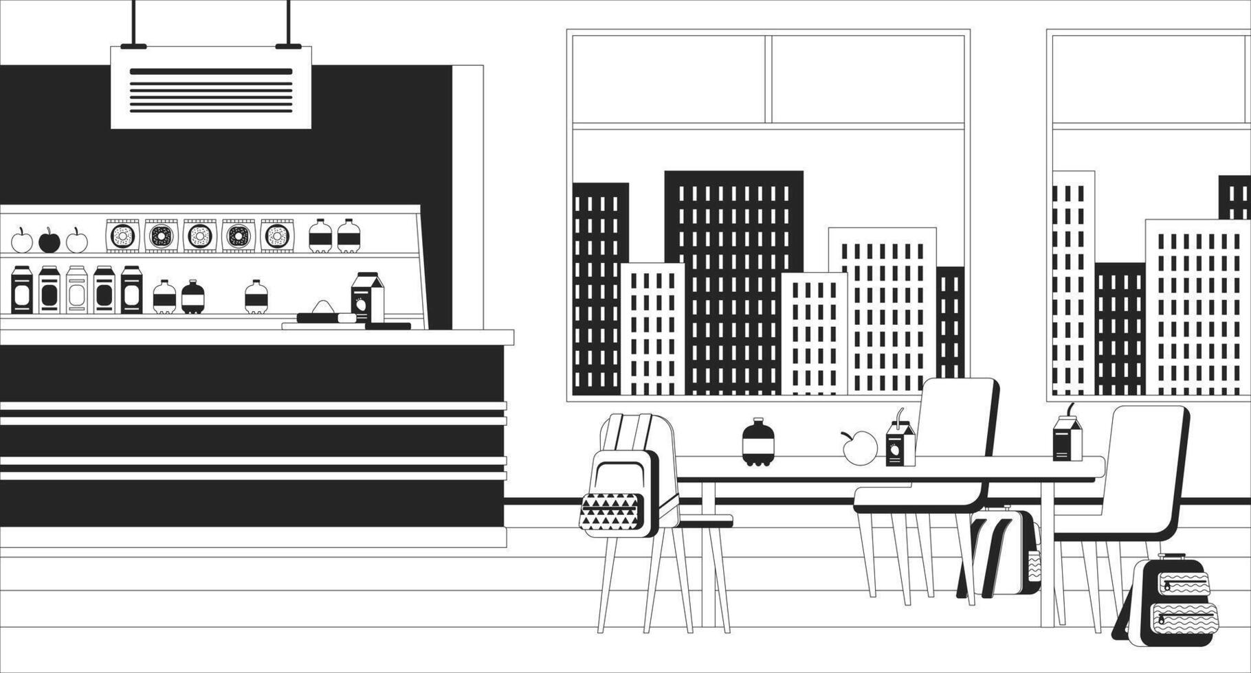 School canteen indoor empty black and white line illustration. Diner lunchroom. Cafeteria nobody 2D interior monochrome backdrop. Middle-school food court. Lunchtime snack bar room outline vector