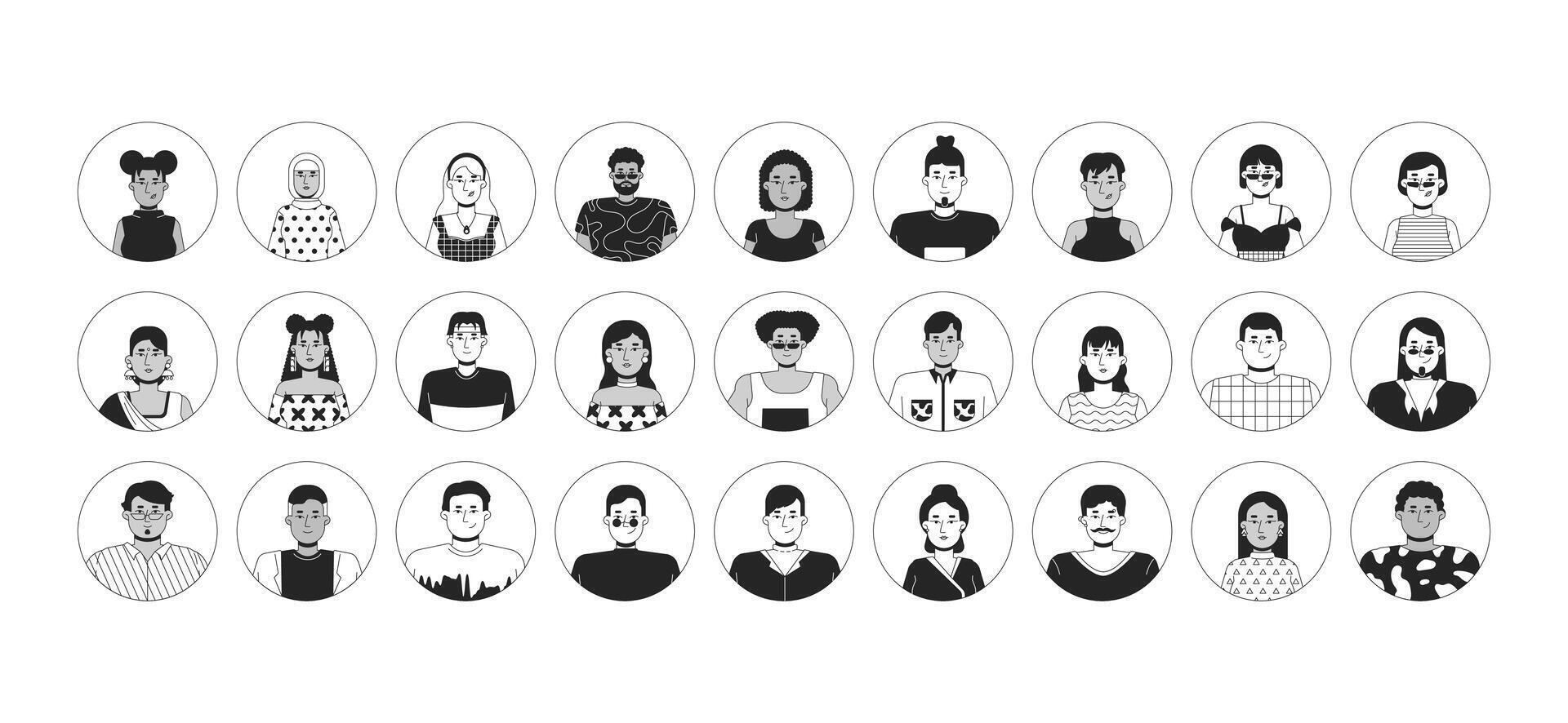 Diverse employees black and white 2D avatars illustration set. Headshots students outline cartoon character faces isolated. Multicultural workers flat user profile images collection portraits vector