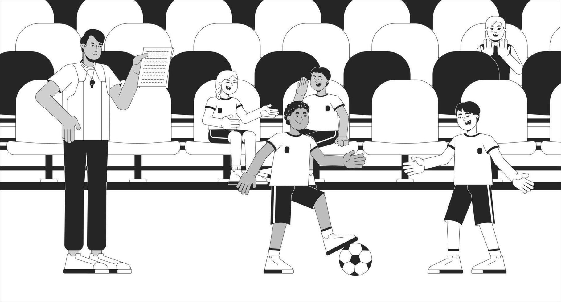 Stadium football coach children practicing black and white line illustration. Trainer soccer drills. Kids footballers kicking ball 2D characters monochrome background. Sport club outline image vector