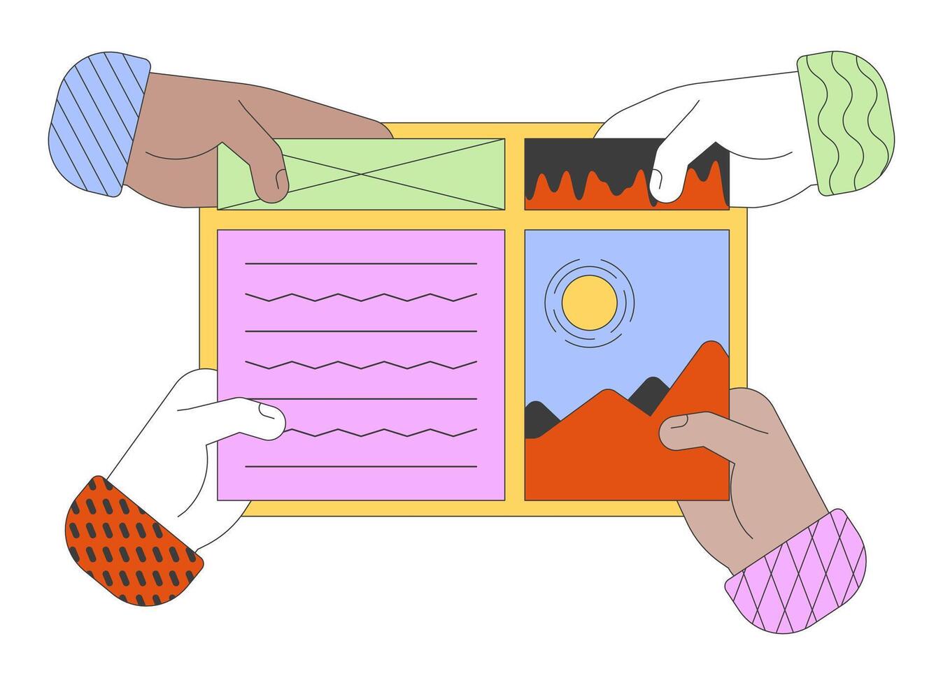 Hands applying elements onto webpage cartoon illustration. Creating app through graphical user interface. No code development linear 2D image, white background. Editable colorful flat clipart vector