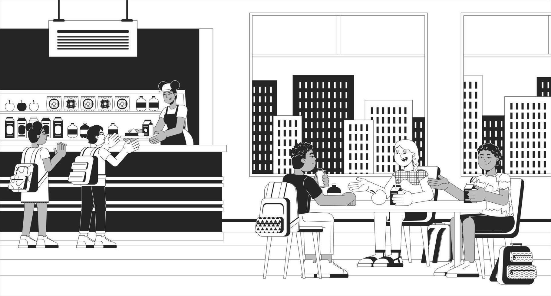 School cafeteria with kids black and white line illustration. Canteen lunchroom schoolchildren eating 2D characters monochrome background. Buffet mealtime. Lunch break schoolkids outline image vector