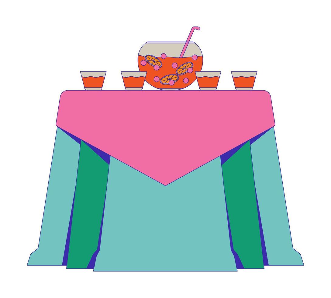 Prom party table punch bowl ladle cups 2D cartoon object. Beverage refreshment. Delicious citrus fruit drink tablecloth isolated element flat clipart on white background. Spot illustration vector