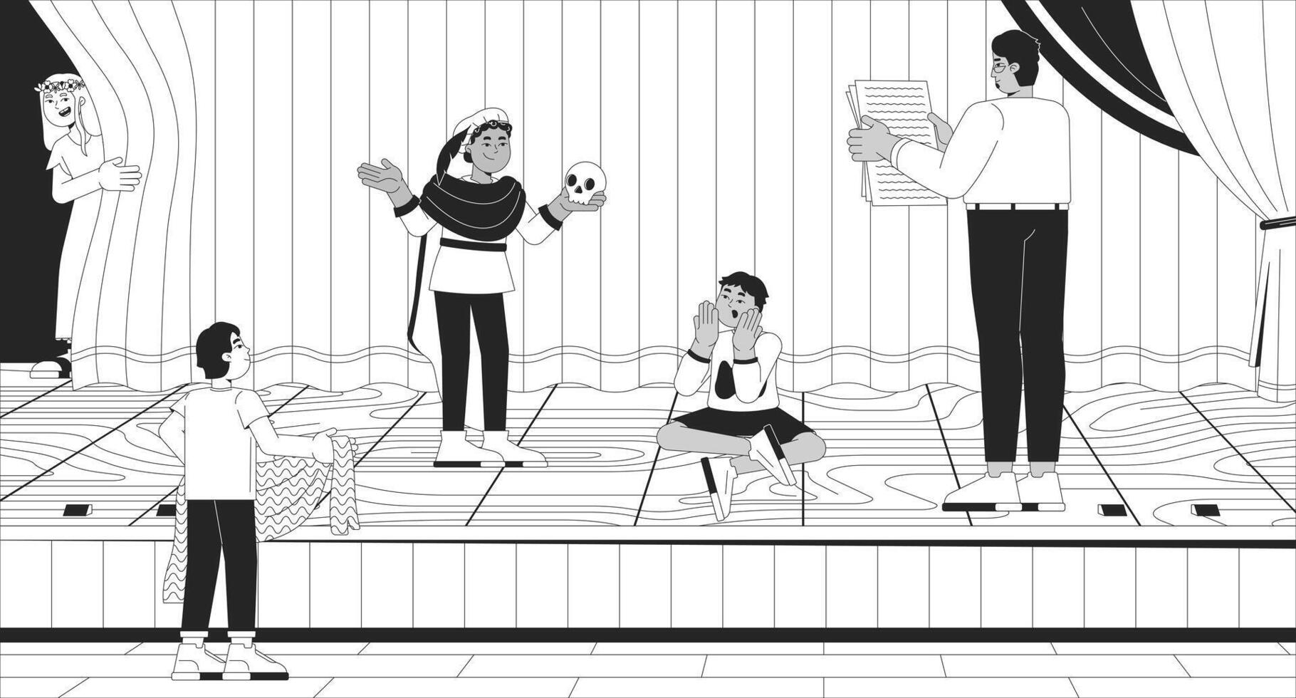 Theatre kids rehearsal Hamlet performance black and white line illustration. Young actors on stage theater 2D characters monochrome background. Extracurricular drama club outline image vector