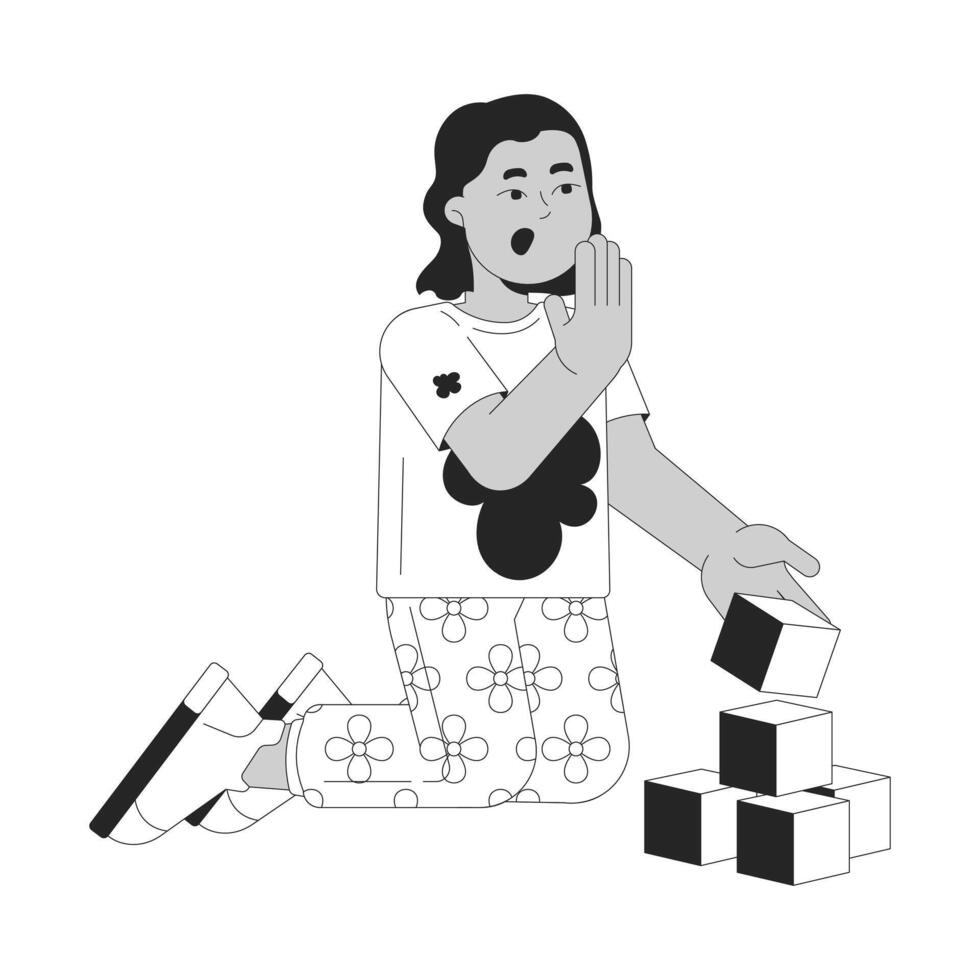 Emotional little boy playing with blocks black and white 2D line cartoon character. Surprised toddler child isolated outline person. Nursery care service monochromatic flat spot illustration vector