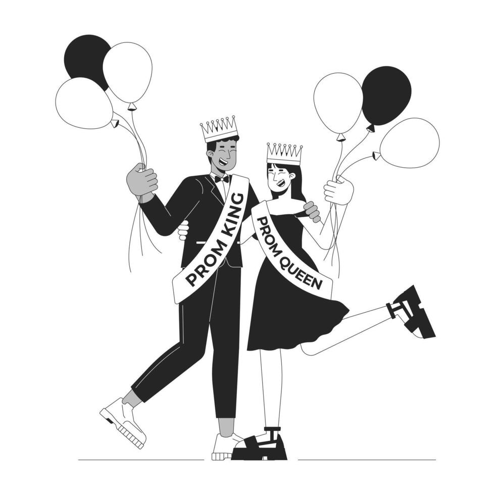 High school couple prom queen king black and white line illustration. Highschool sweethearts holding balloons 2D linear characters isolated. Boyfriend girlfriend congrats monochrome outline vector