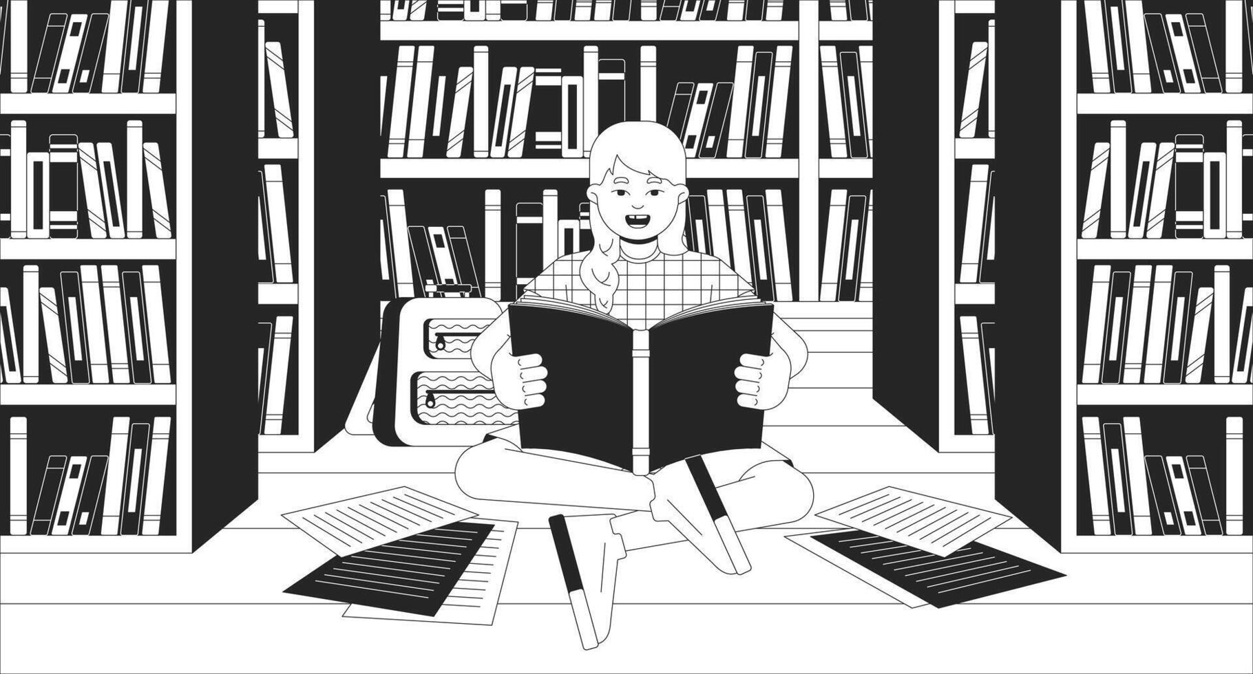 Preteen girl doing homework on library floor black and white line illustration. Little schoolgirl reading book 2D character monochrome background. Studying bookshelves outline image vector