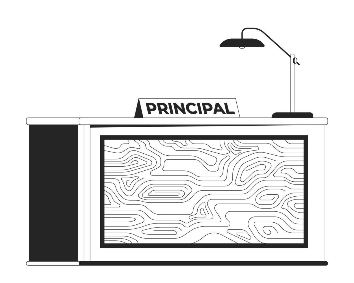 School principal desk black and white 2D line object. Workplace of education facility manager isolated outline item. Office table with lamp and nameplate monochromatic flat spot illustration vector