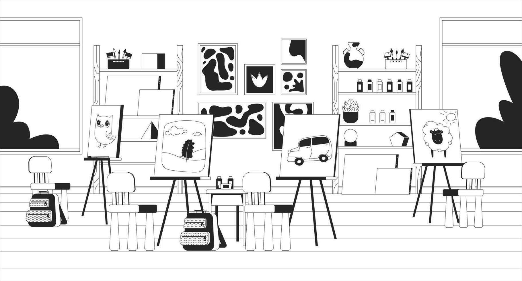 Easels art studio black and white line illustration. Canvas painting class 2D monochrome backdrop. Pre-school schoolroom. Drawing lesson furniture. School room workshop classroom outline vector