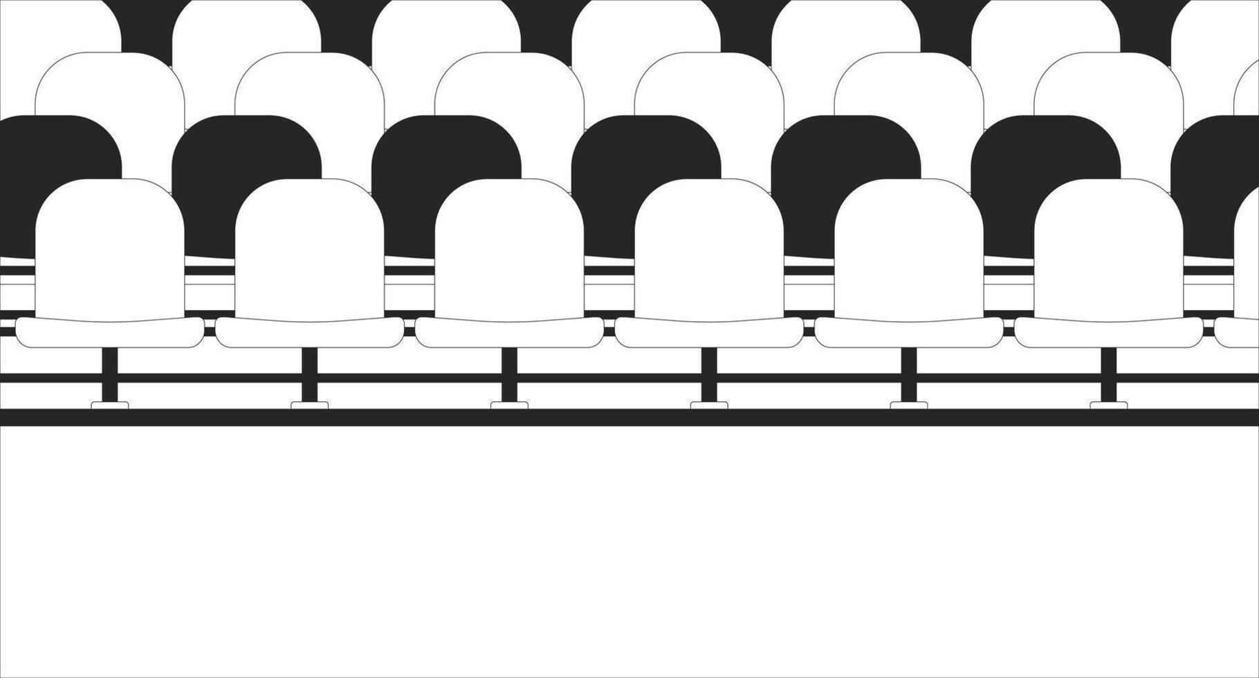 Stadium bleachers empty black and white line illustration. Football grandstands 2D interior monochrome backdrop. Arena tribune. Sports soccer field seating. Baseball stadium seats outline vector
