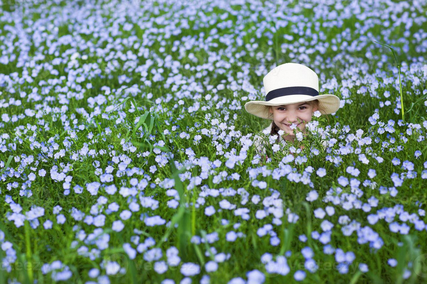 Portrait of a little funny girl in linen field photo