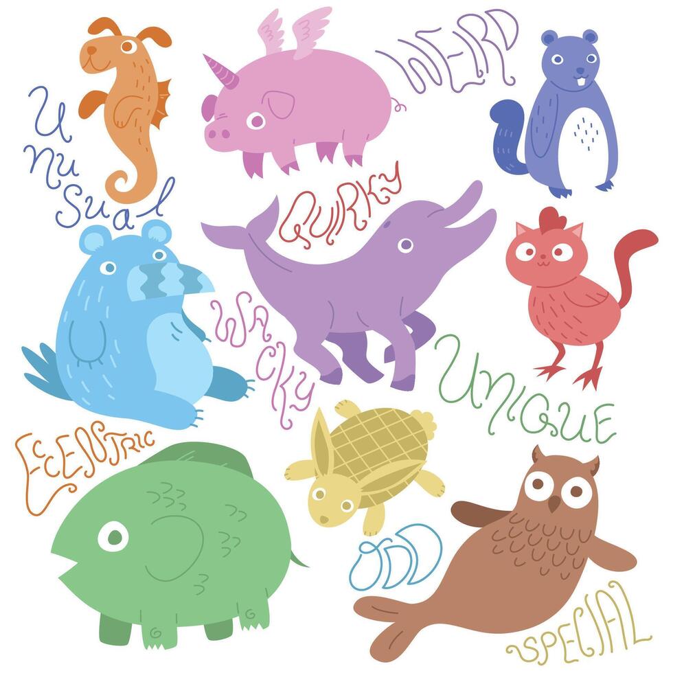 Crazy funny cartoon illustration of hybrid animals. Unusual quirky weird eccentric odd special unique wacky. Colorful animal fusion characters. Flat colors. White background vector