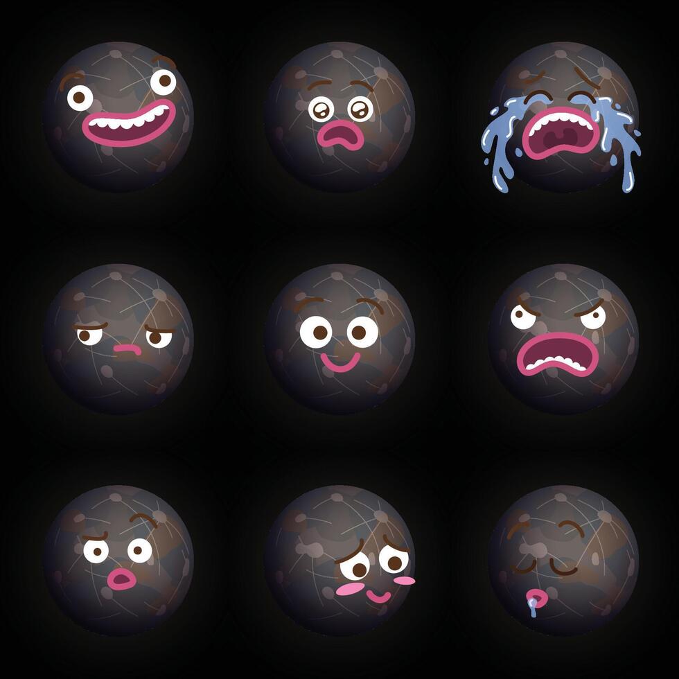 Funny cartoon illustration of planet Mercury with different expressions. Smiling surprised crying sad happy angry confused blushing sleeping faces emojis. Flat colors vector