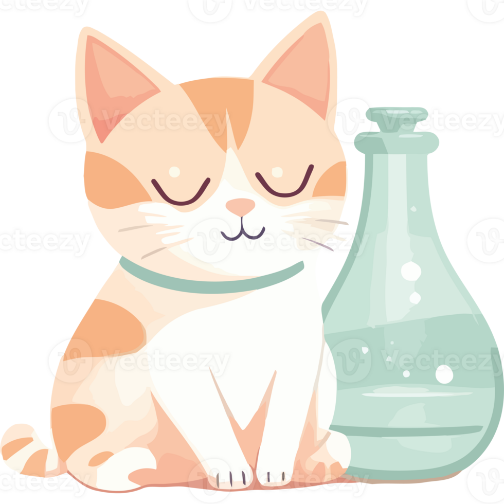 A cat sitting next to a bottle of liquid png