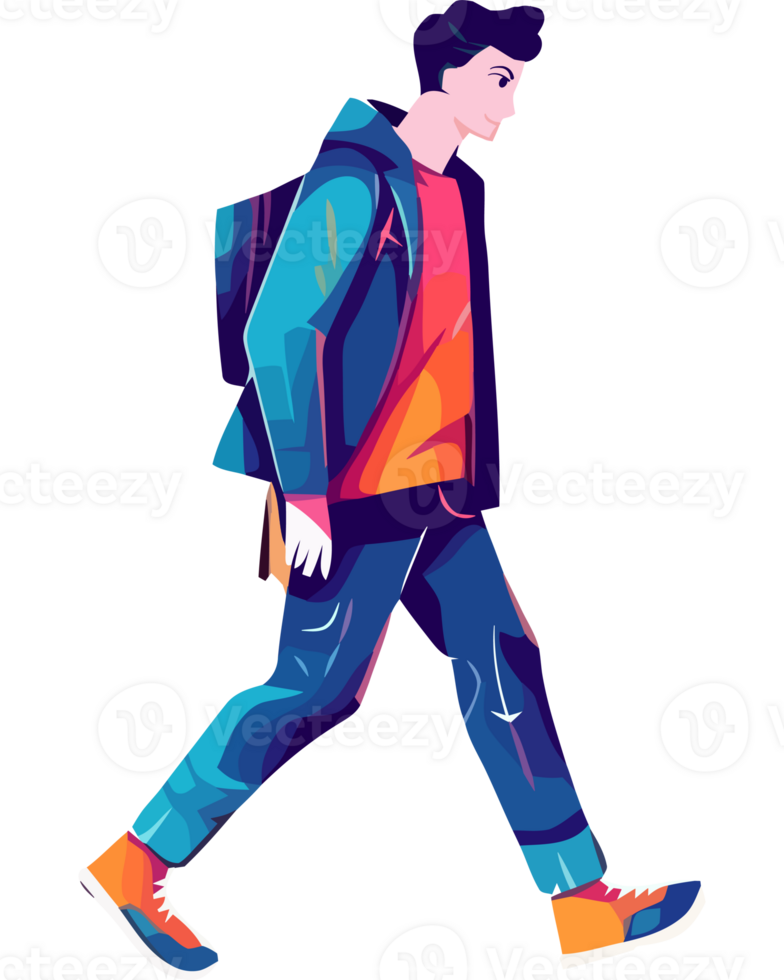 A man walking with a backpack and sneakers png