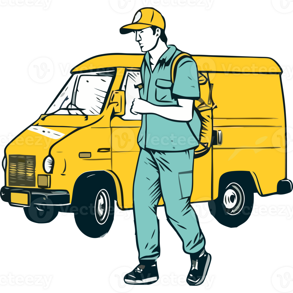 A man in a uniform is standing next to a yellow van png