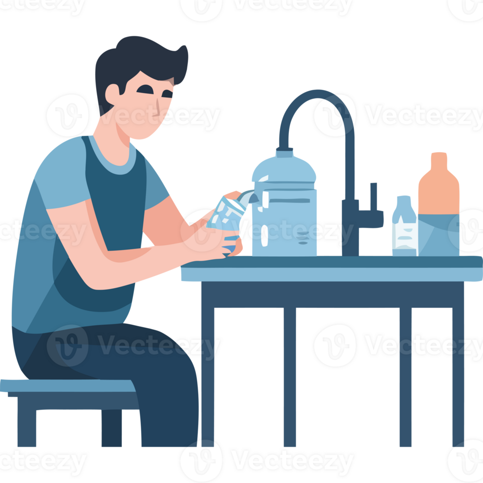 A man is sitting at a table with a bottle and a glass png
