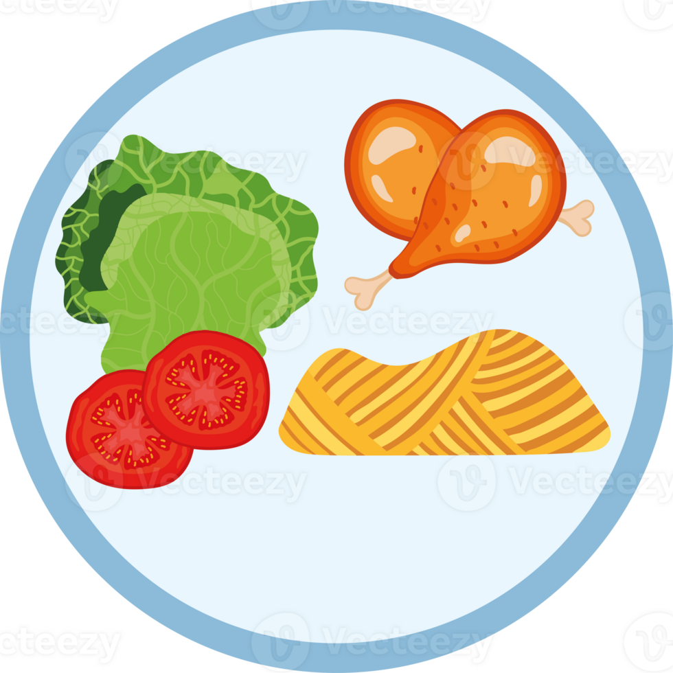 A plate with vegetables, chicken, and bread png