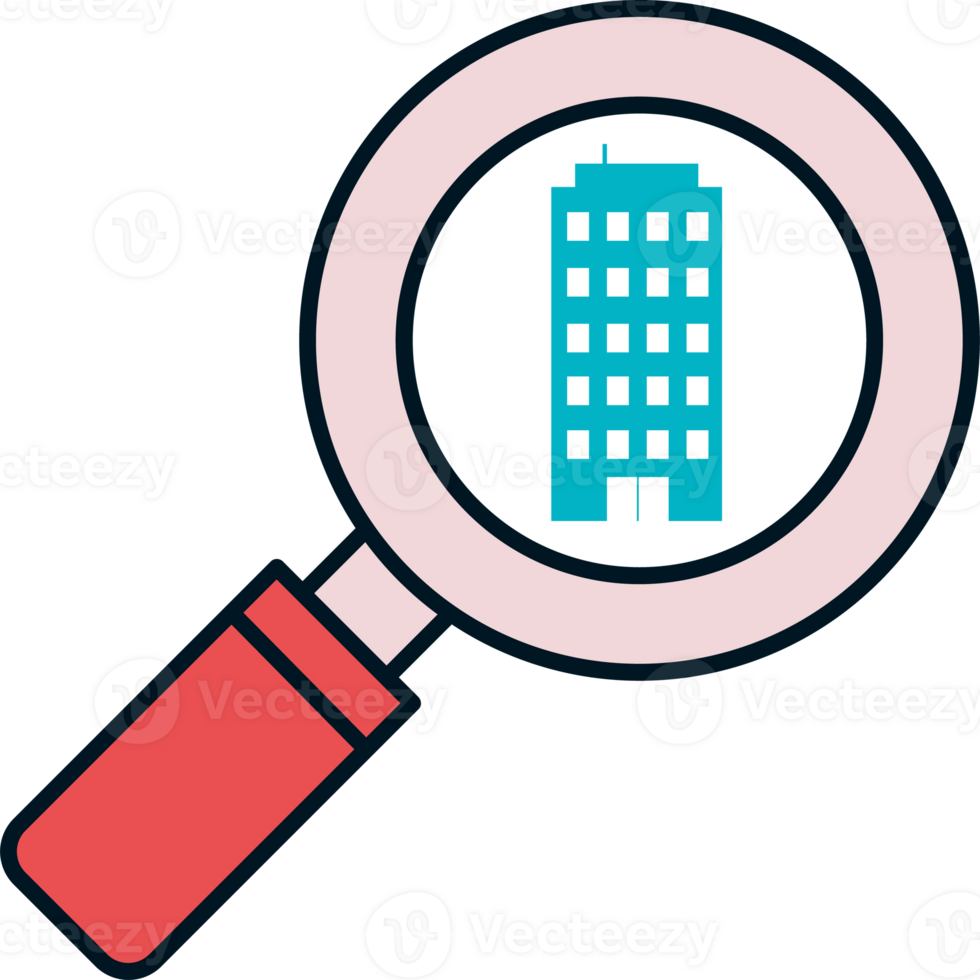 A magnifying glass is showing a building and a building png
