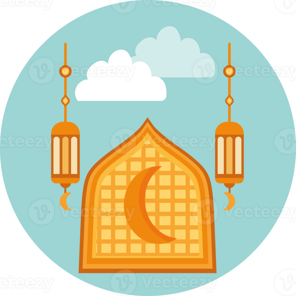 An islamic mosque with a crescent and lanterns png