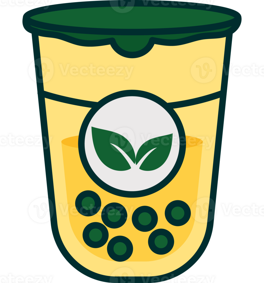 A cup with green tea and a leaf on it png