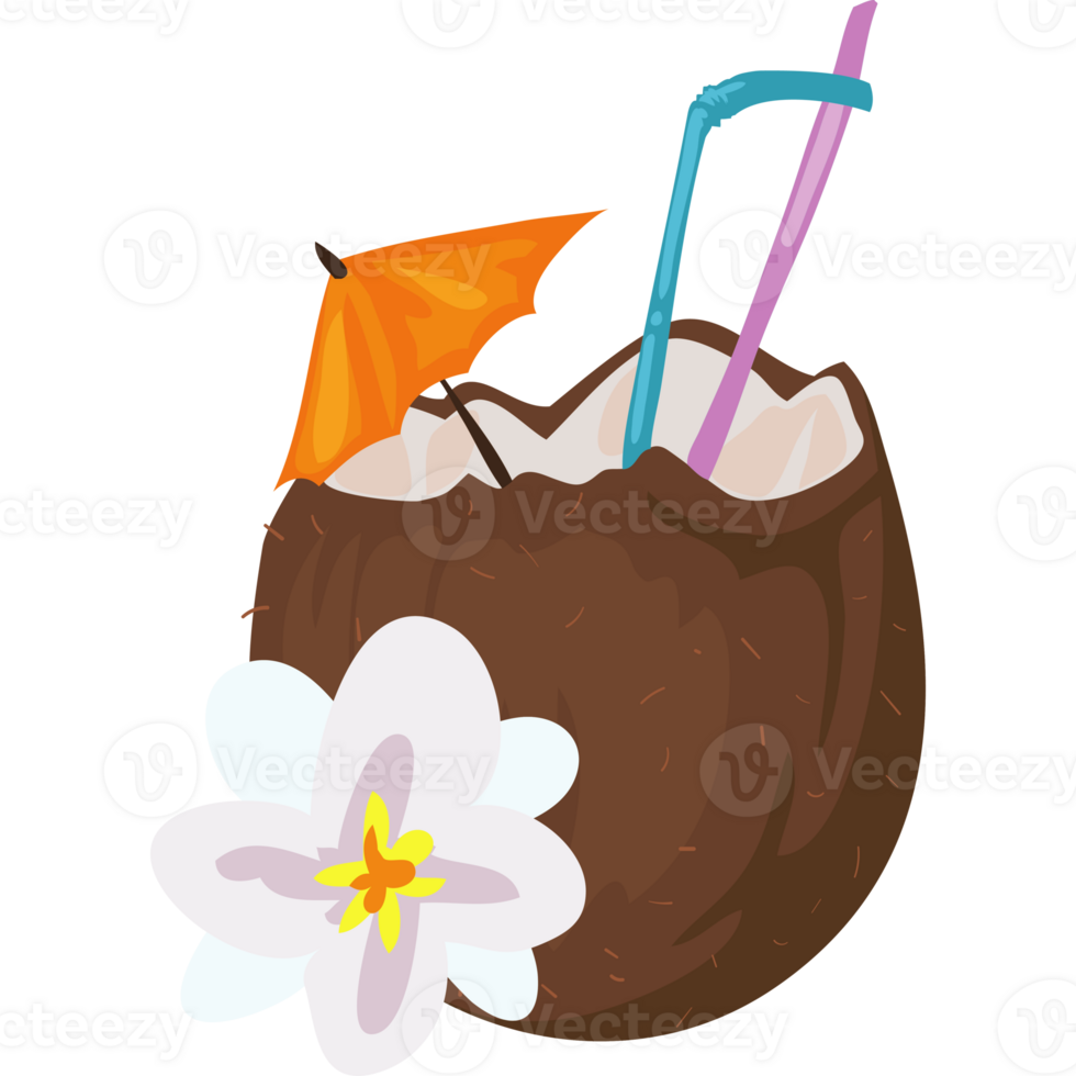 Coconut drink with umbrella and flowers png