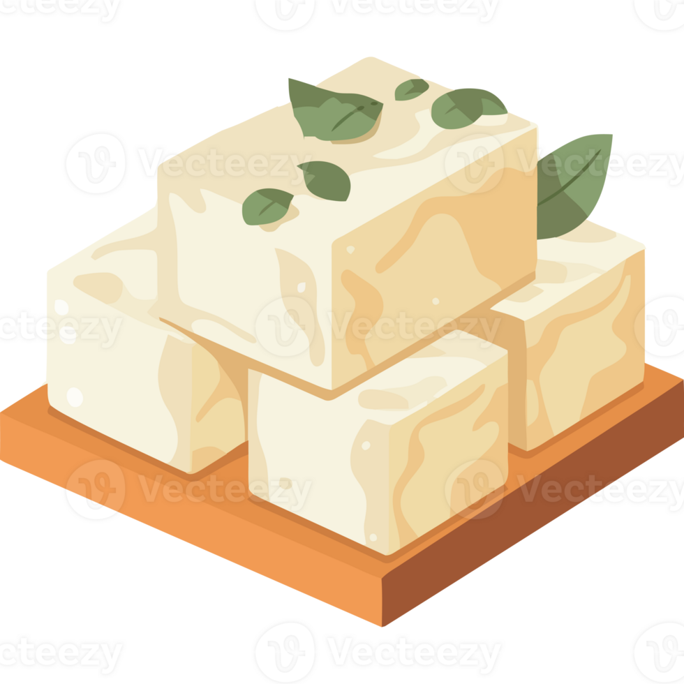 A block of cheese with basil leaves on top png