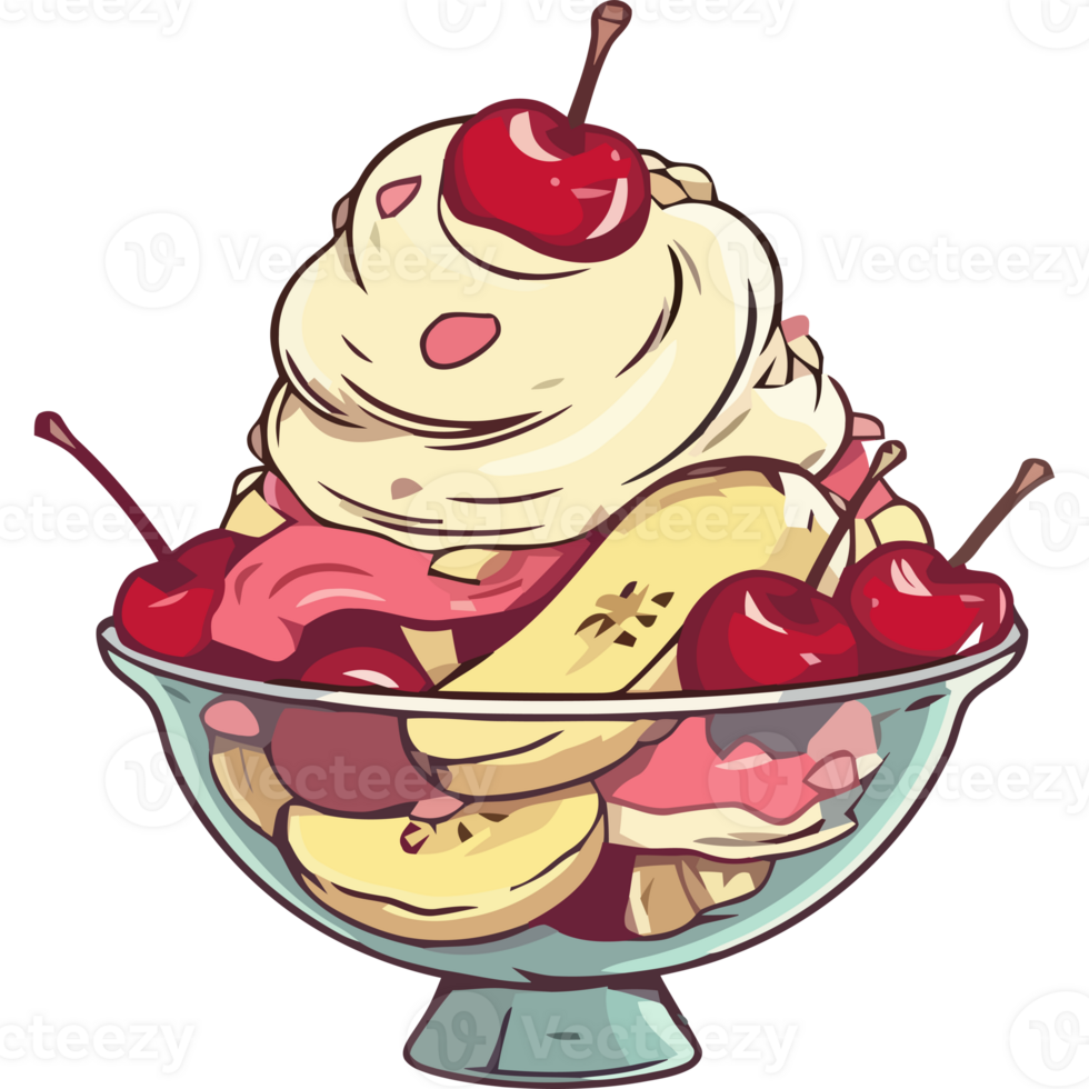 An ice cream sundae with cherries and bananas png