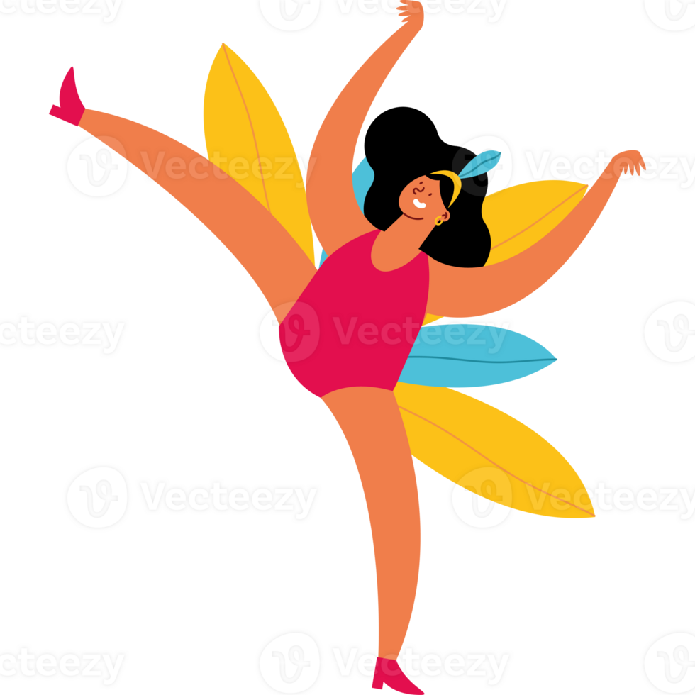 A woman in a pink swimsuit is dancing with leaves png