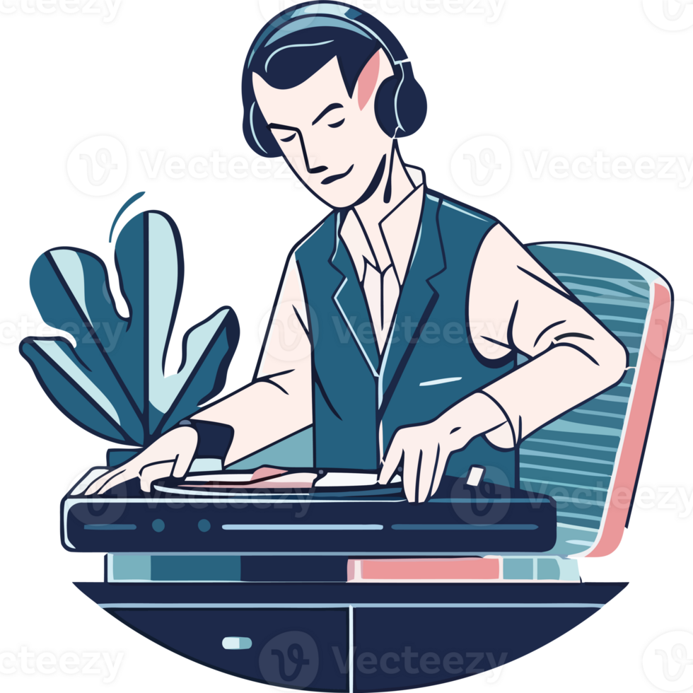 Dj in a suit mixing music on a turntable png