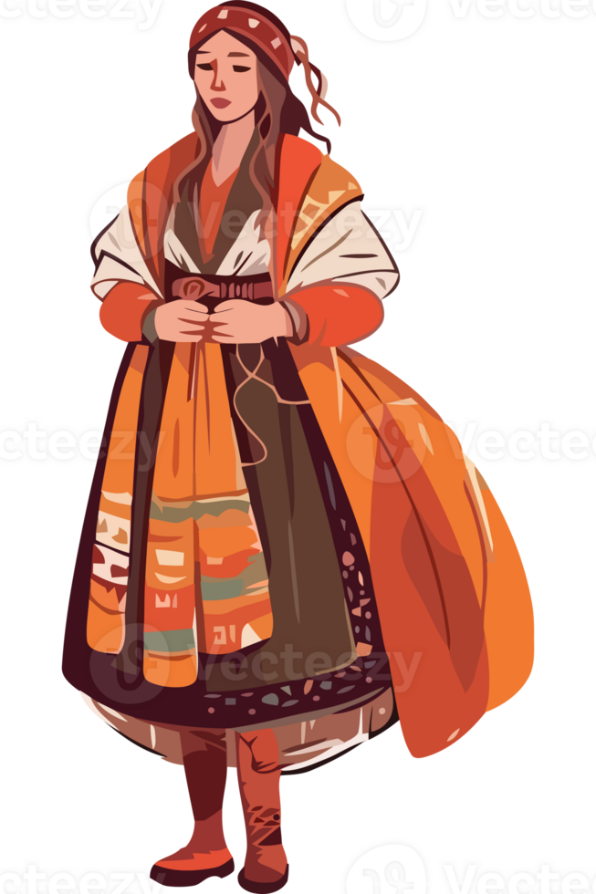 A woman in traditional clothing with a scarf and hat png