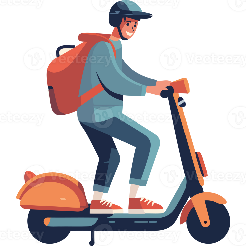 A man riding on a scooter with a backpack png