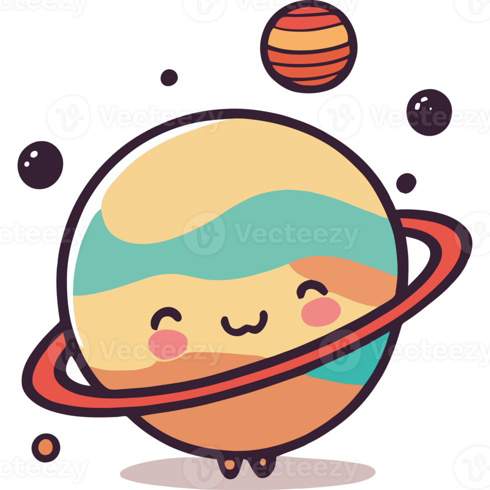 Cartoon planet with a smiling face and a ring around it png