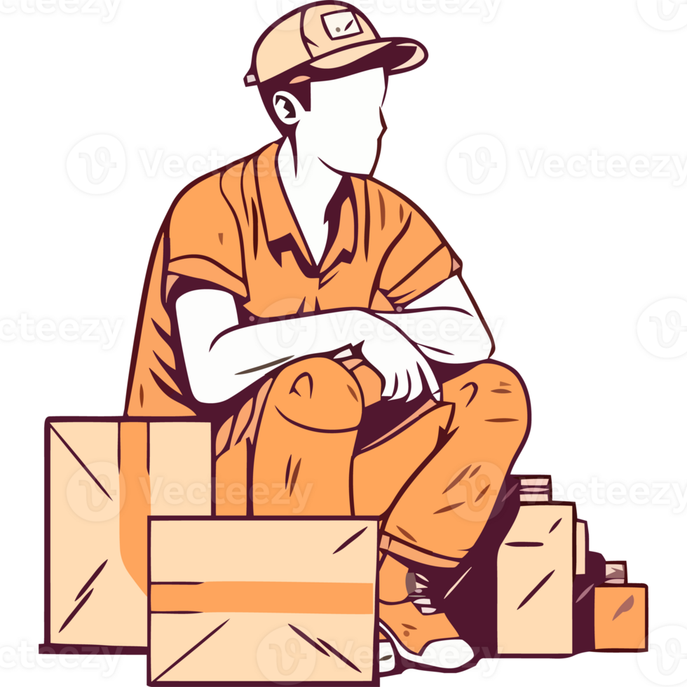Delivery man sitting on the floor with boxes png