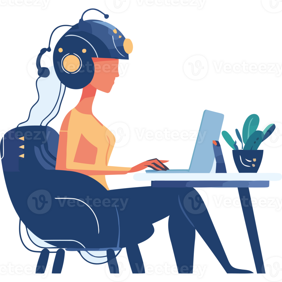 A woman wearing a helmet and sitting at a desk with a laptop png