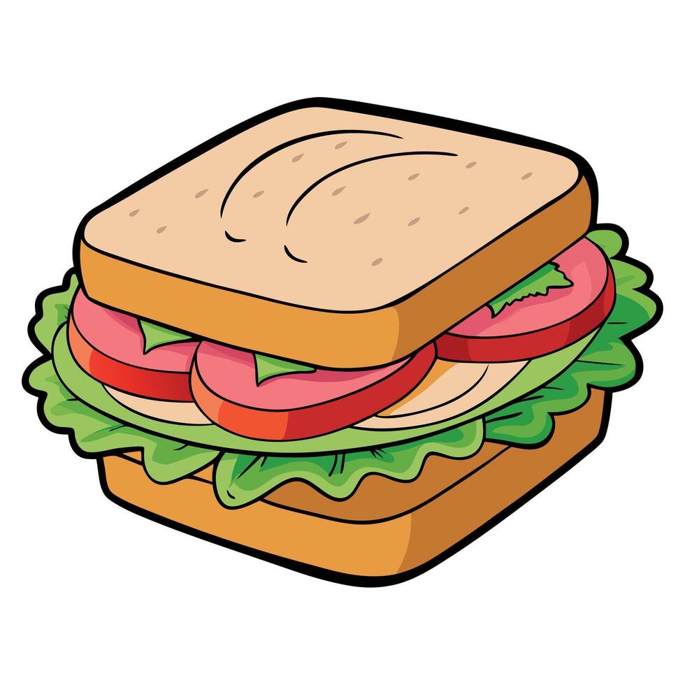Close-up of a ham and veggie sandwich with fresh lettuce. tomatoes. and cucumbers on whole grain bre vector