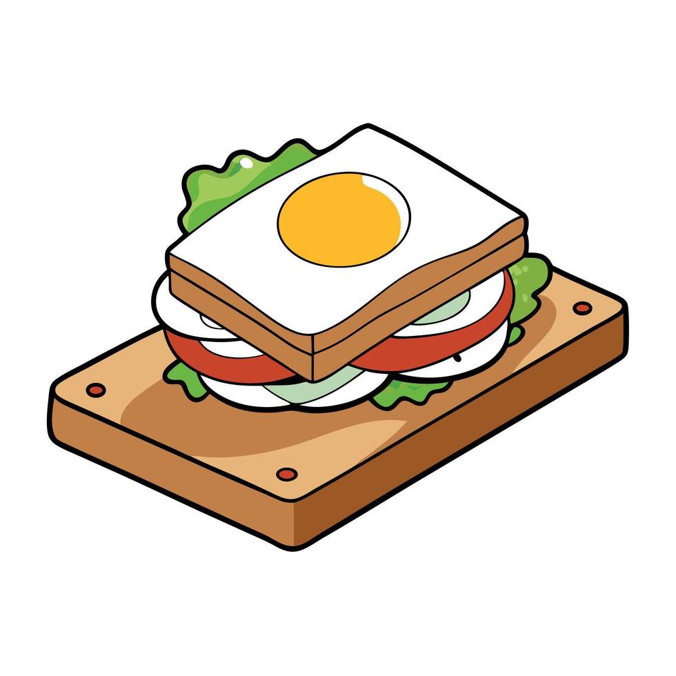 A sandwich with a egg and greens on a cutting board vector