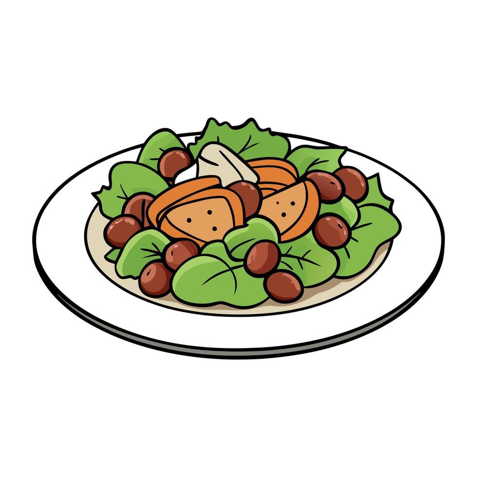 Freshly prepared chicken salad with mixed greens. juicy grapes. crispy bacon. and crunchy pecans. ga vector