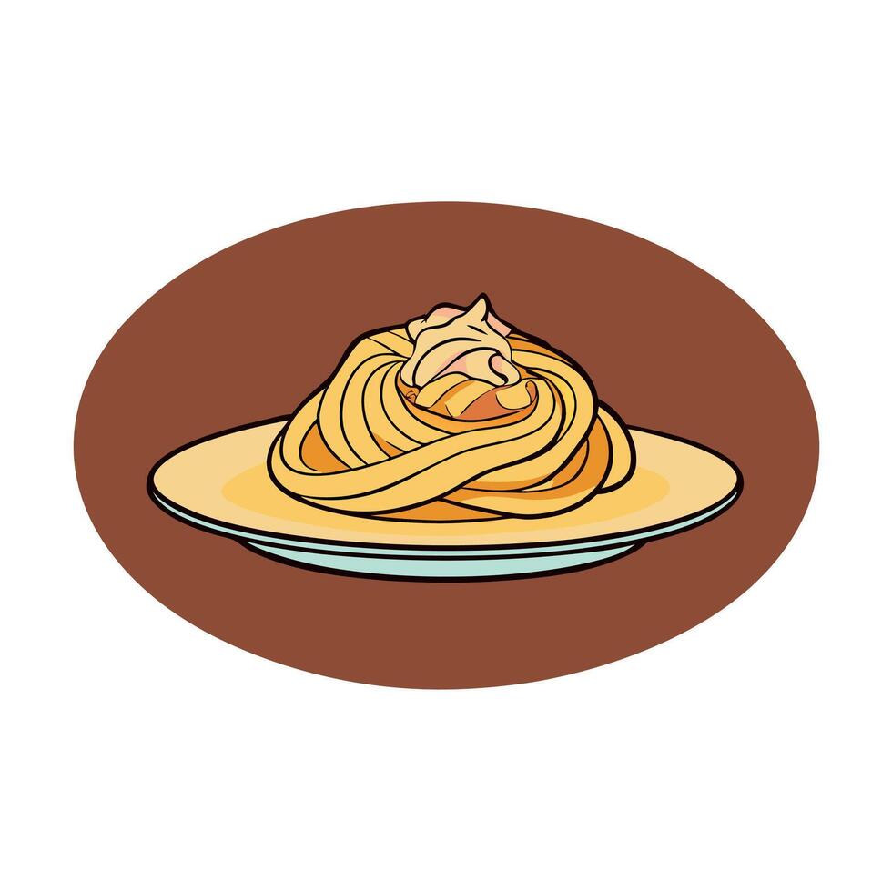 Fettuccine Carbonara in a plate. Pasta with carbonara sauce and bacon. Brown background. side view. vector