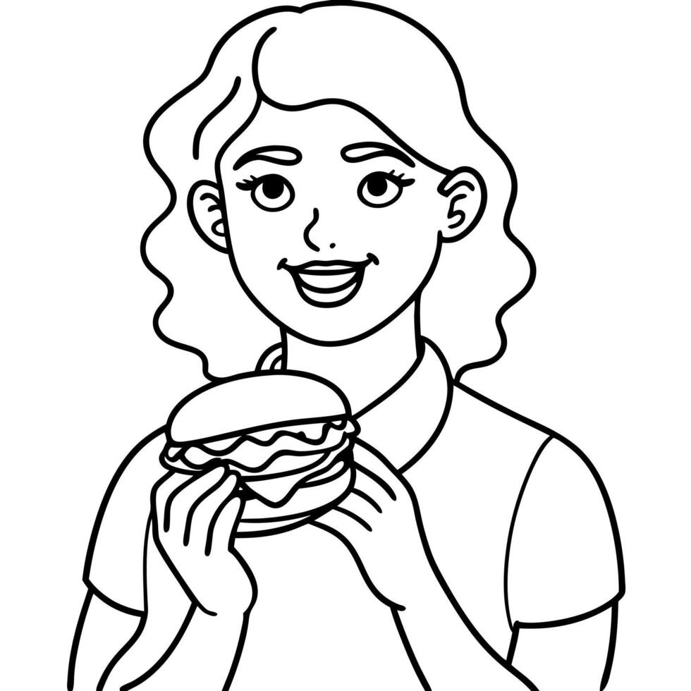 A woman is holding a hamburger in her hands vector