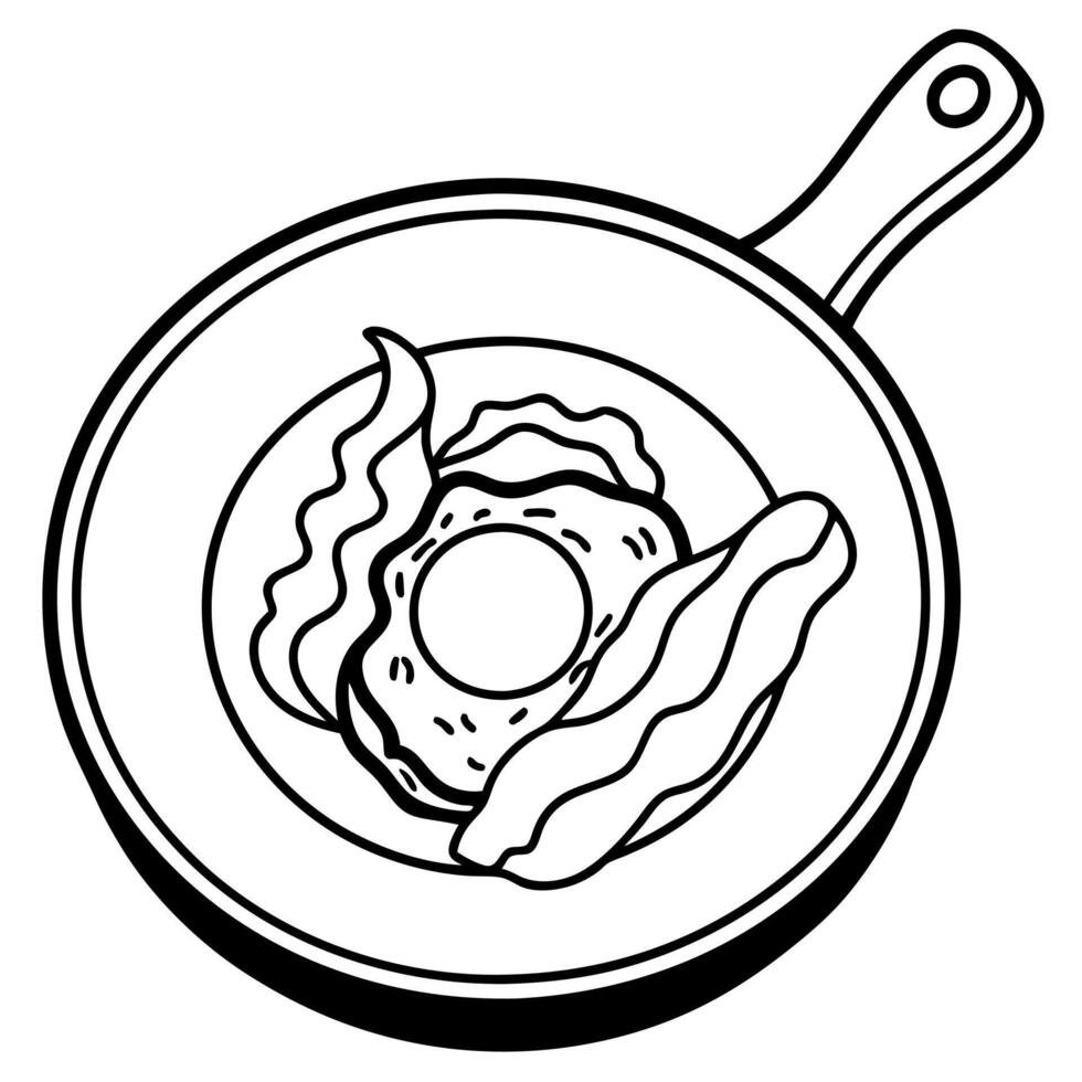 Fried Egg with Bacon and Corn in a Cast Iron Pan vector