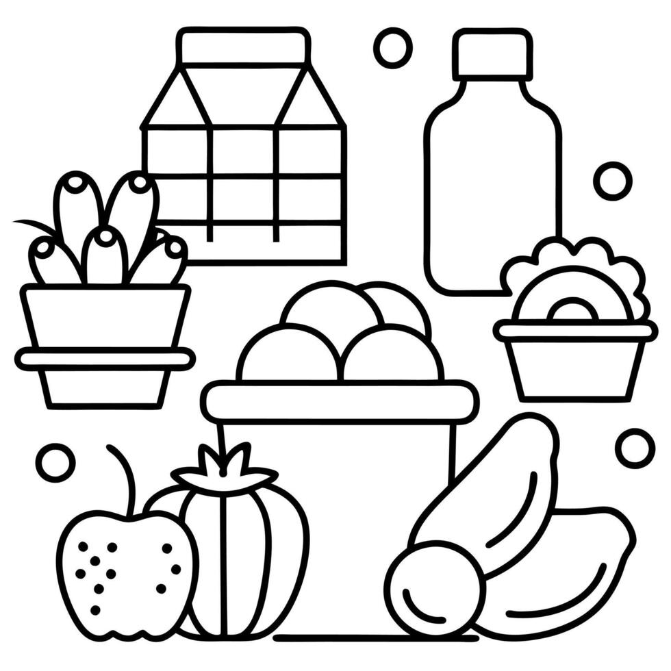 Icons include milk. eggs. bread. fruits. vegetables. etc. Designed to make creating a grocery shoppi vector