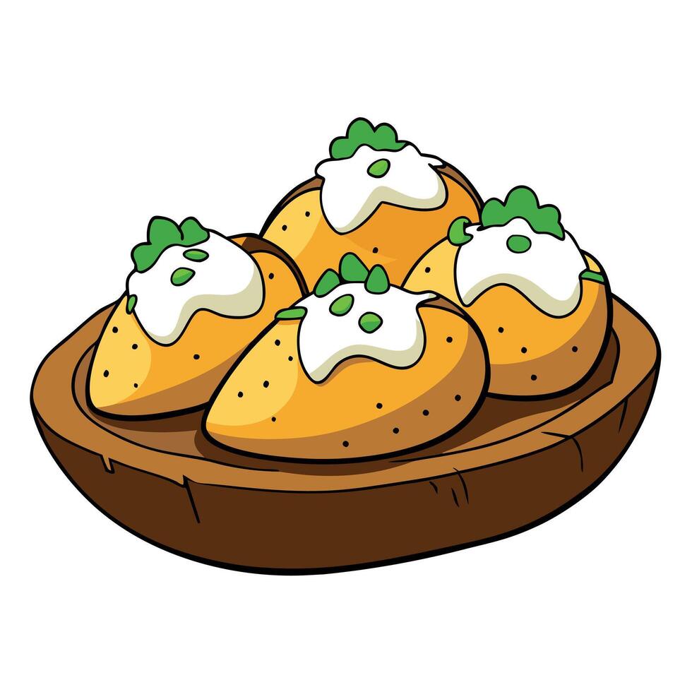 Golden brown crispy potato skins overflowing with melted cheese. sour cream. and chives. artfully ar vector