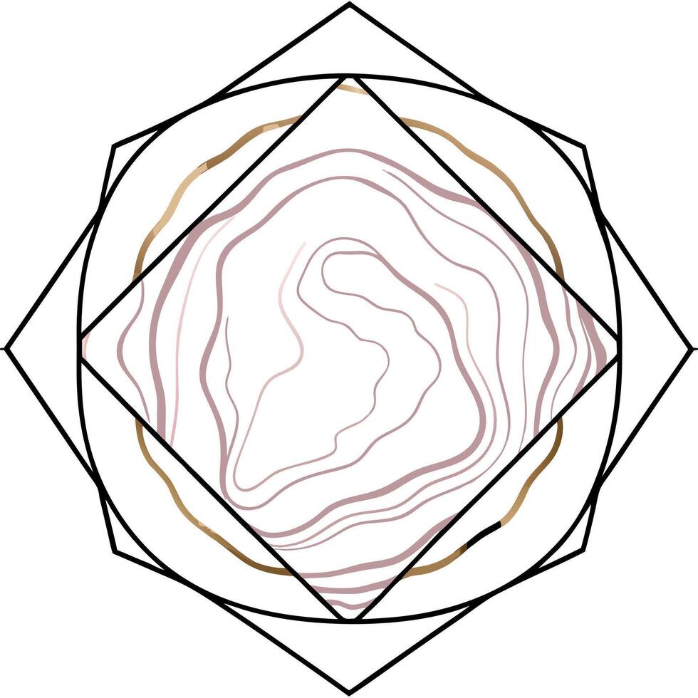 Blush pink watercolor fluid painting design card. Dusty rose and golden marble geode frame. S vector