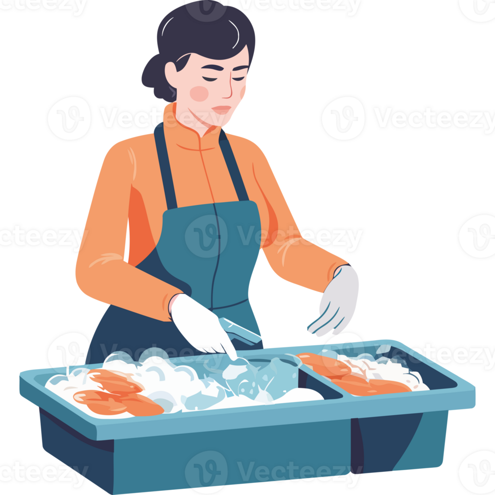 A woman in an apron is preparing food in a tray png