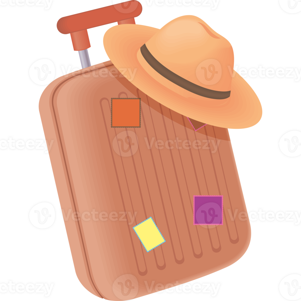 A suitcase with a hat and stickers on it png