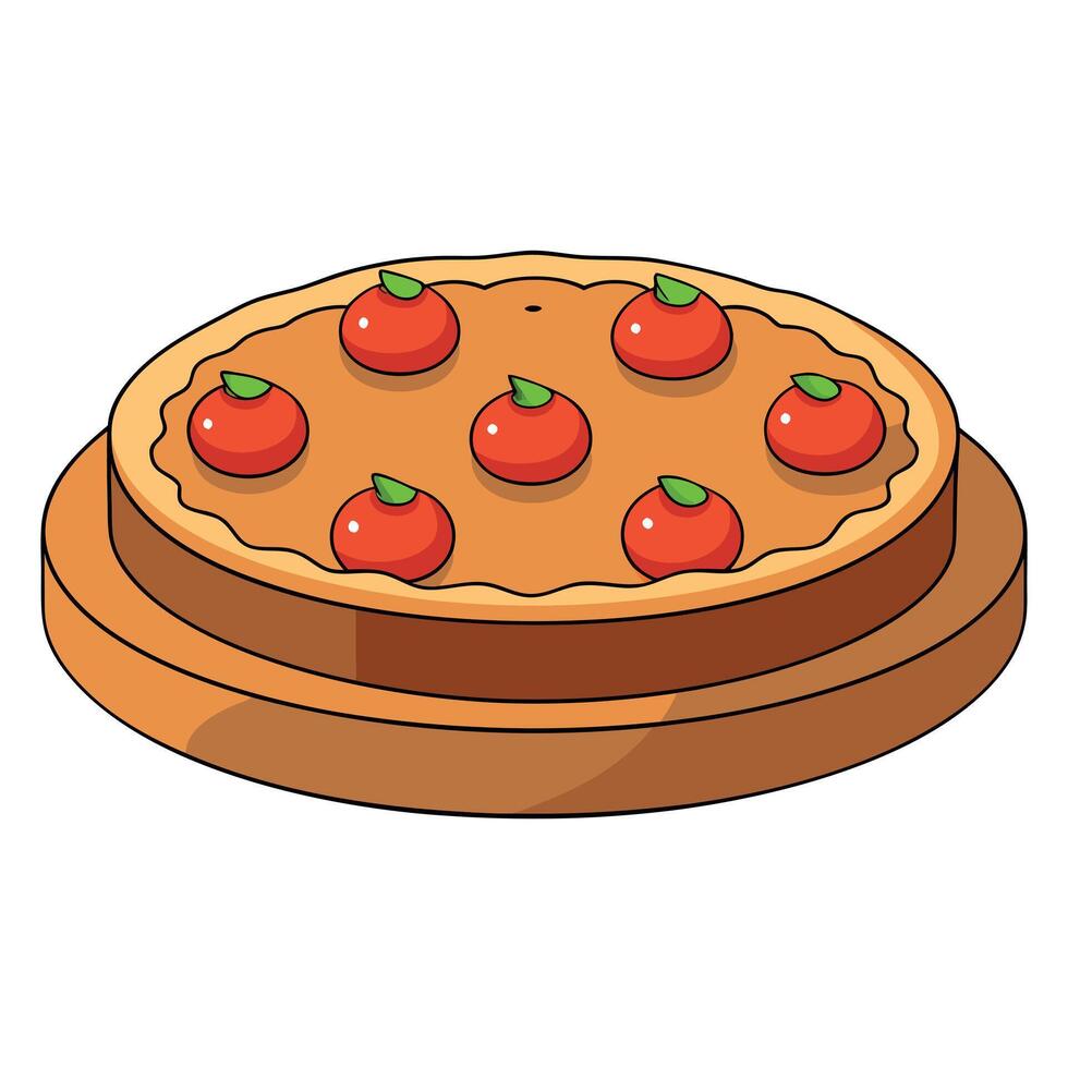 Pie close-up on wooden platter with tomatoes toppings vector