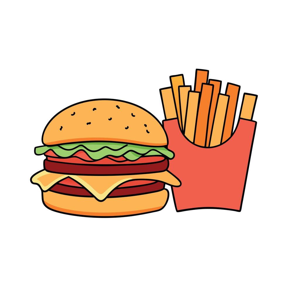 Cheeseburger with bacon and a side of fries. vector