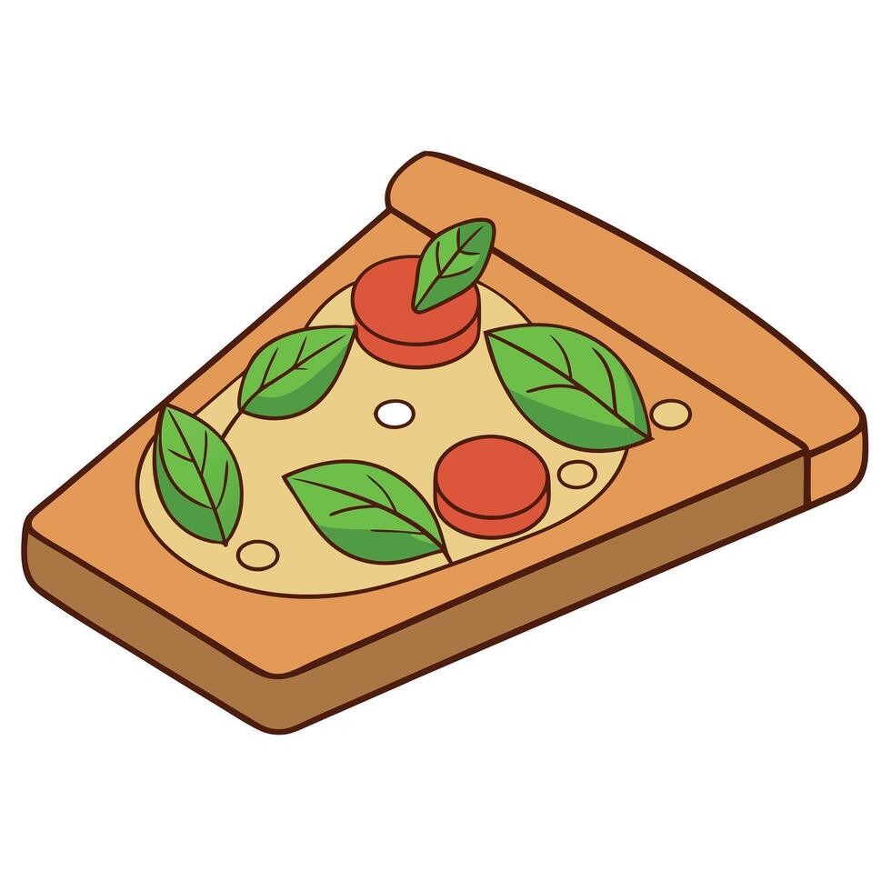 A delicious pizza with basil leaves on a wooden board. vector
