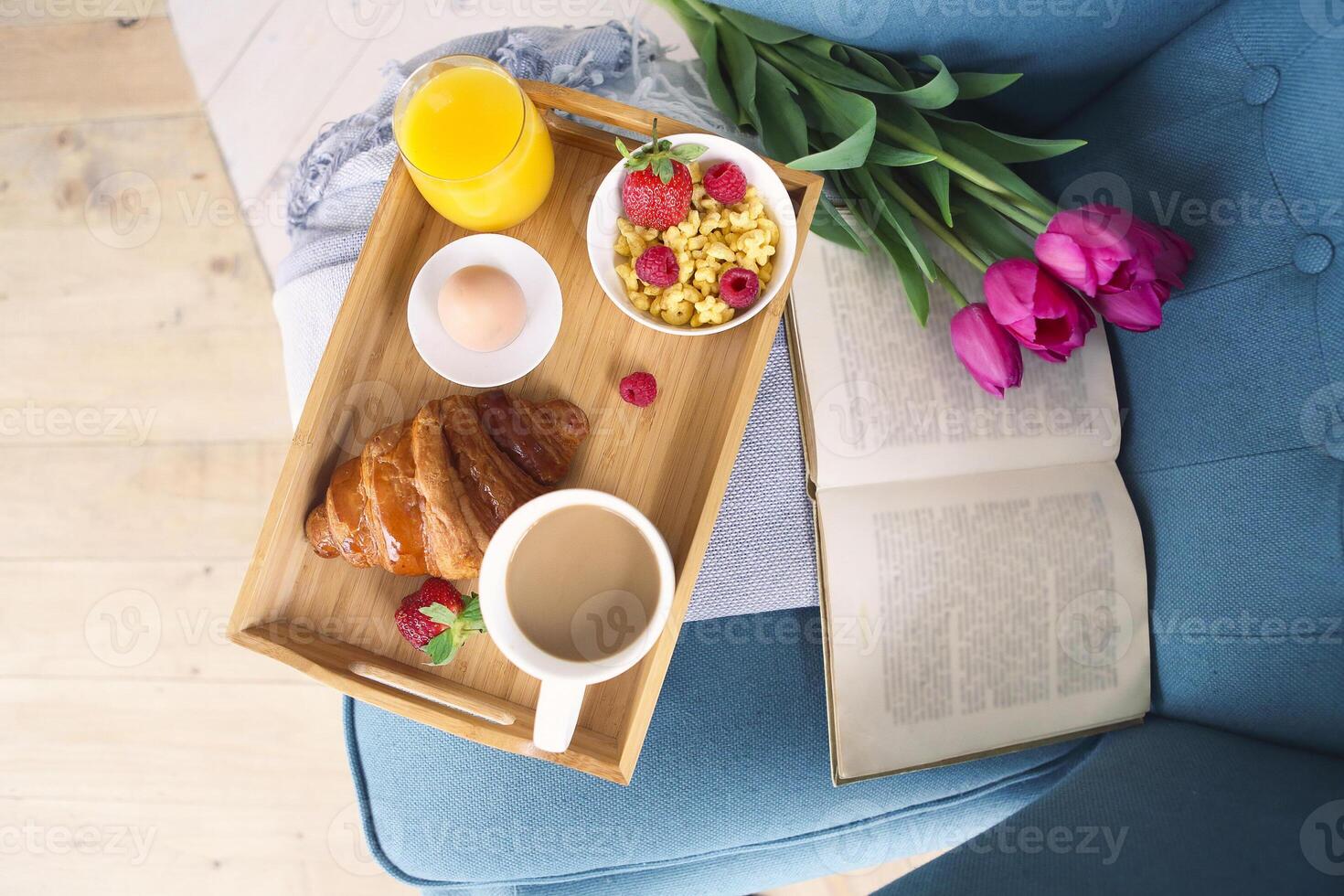 Healthy morning breakfast on tray top view photo