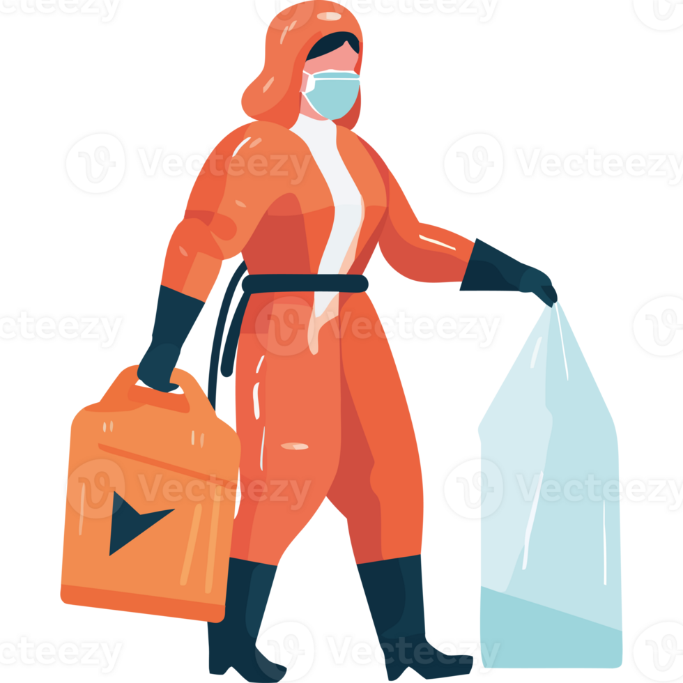 A woman in an orange suit and mask is carrying a bag png